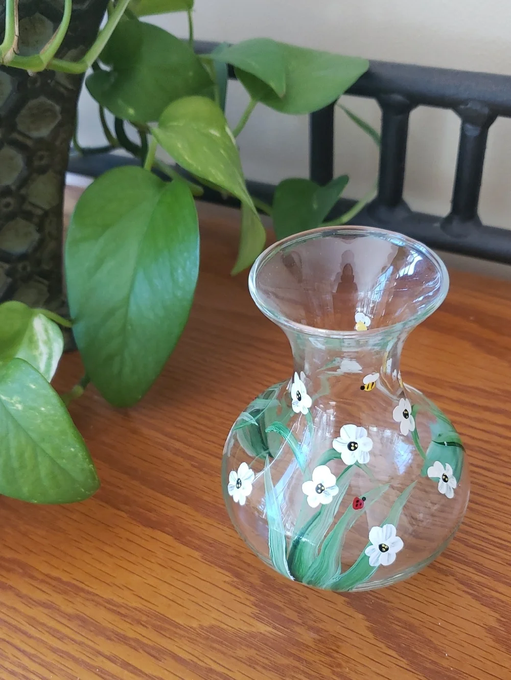 Hand-Painted Whimsical Floral Glass Vase- 4 1/2